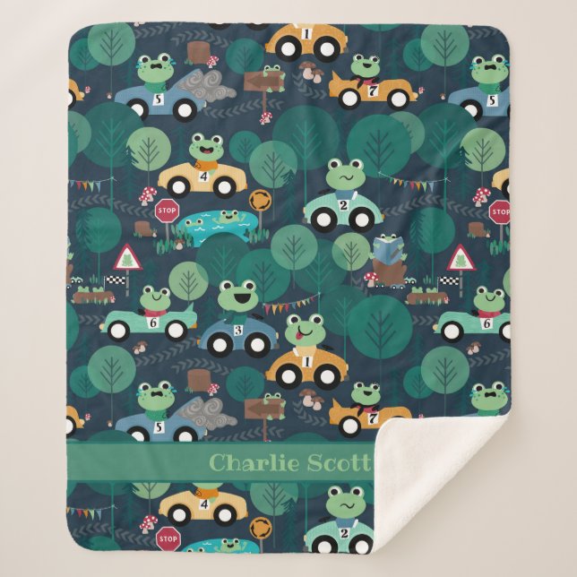 Frog Race Car Drivers Kids Personalized Sherpa Blanket (Front)