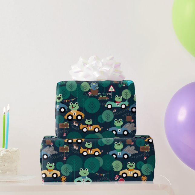 Frog Race Car Drivers Kids Personalized Wrapping Paper (Party Gifts)