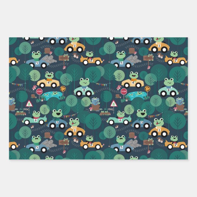 Frog Race Car Drivers Kids Personalized Wrapping Paper Sheets (Front)