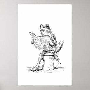 Frog Reading Art Print Black and White Bathroom