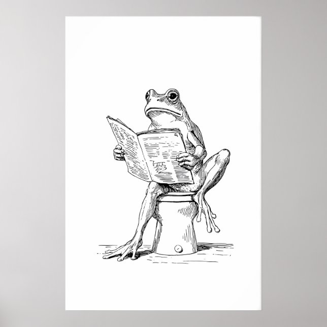 Frog Reading Art Print Black and White Bathroom (Front)