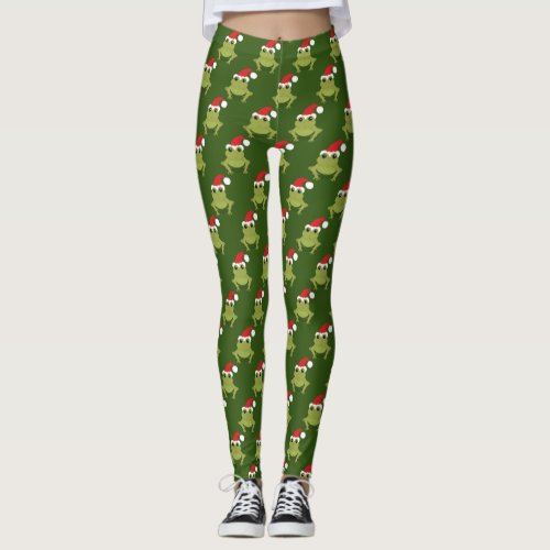 Frog Santa Hat Green Christmas Leggings