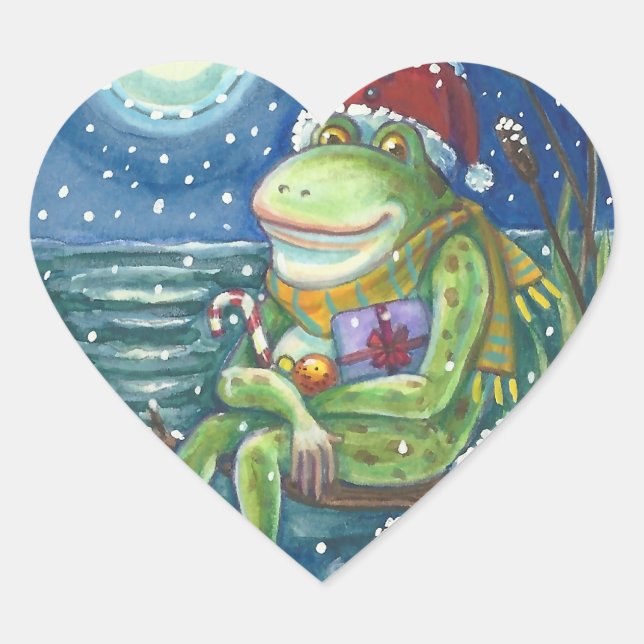 FROG SANTA ON LOG, HOLLIDAY CHRISTMAS STICKERS Hrt (Front)