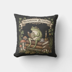 Frog Scholar Reading Books Mushroom Academia Dark Throw Pillow