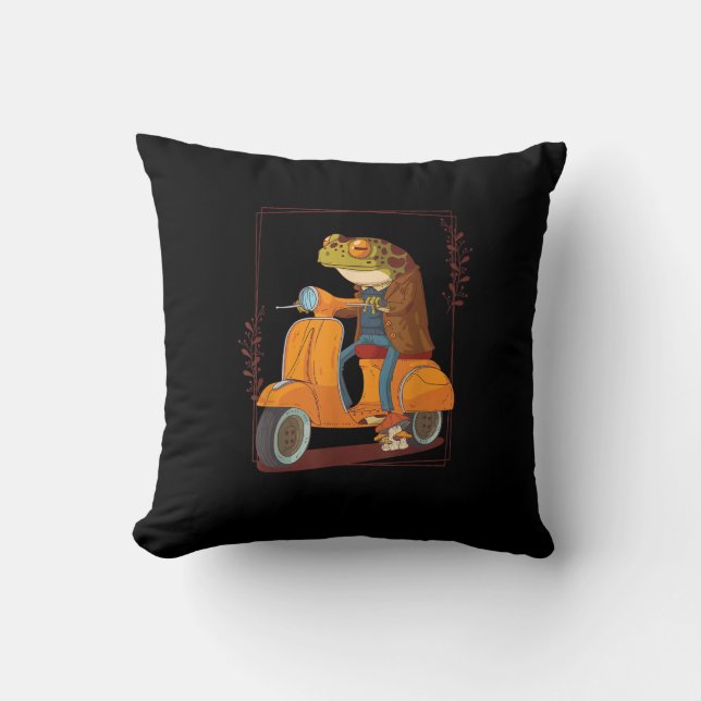 Frog Scooter Mushroom Goblincore Academia Throw Pillow (Front)