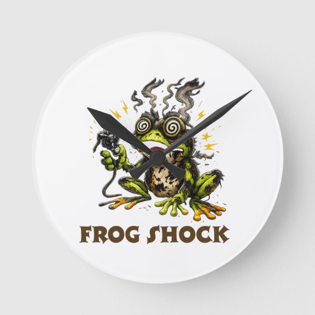 Frog Shock – Funny Electrified Frog Cartoon Illust Round Clock (Front)