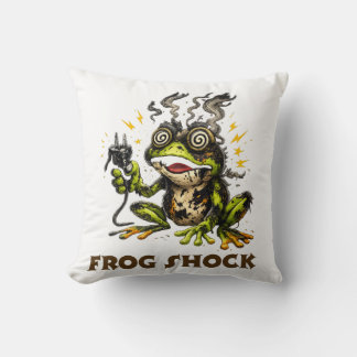 Frog Shock – Funny Electrified Frog Cartoon Illust Throw Pillow