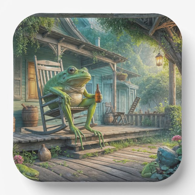 Frog Sitting In A Porch Rocking Chair Paper Plates (Front)