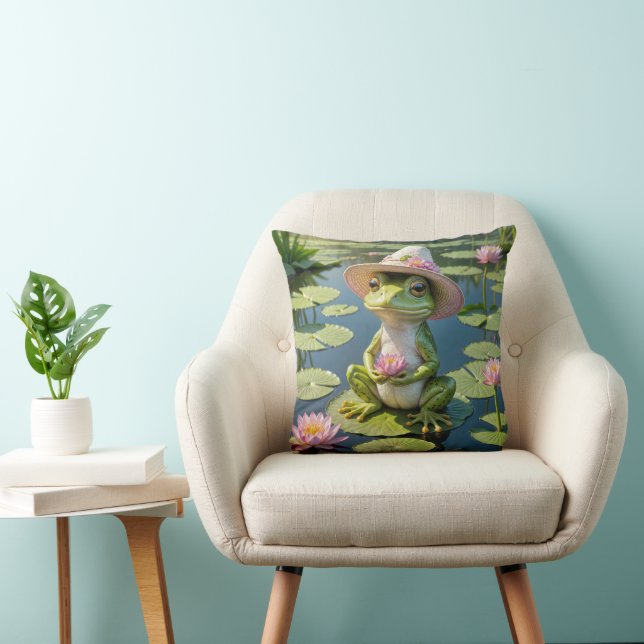 Frog Sitting On a Lily Pad Throw Pillow (Chair)