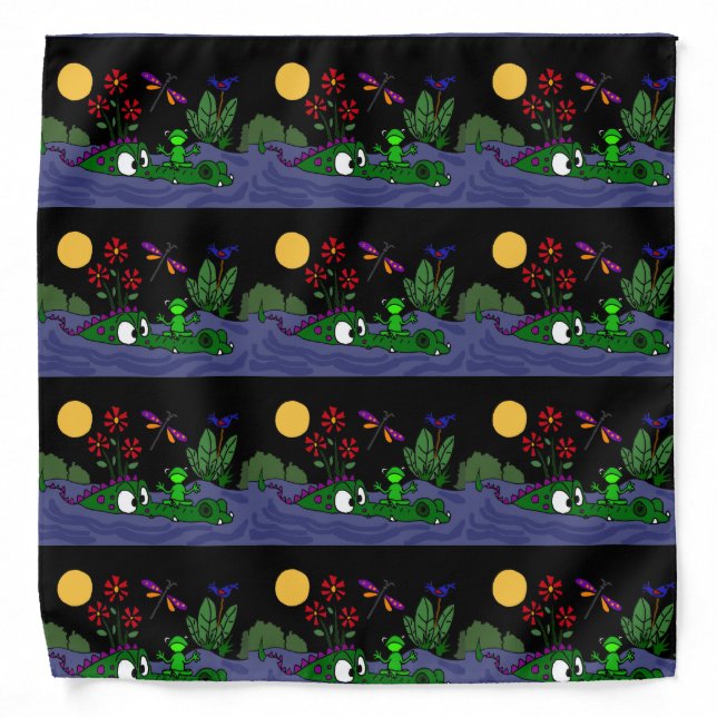 Frog Sitting on Alligator Nose Folk Art Bandana (Front)
