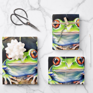 Frog Sitting on Watercolor Lily Pad Wrapping Paper Sheets