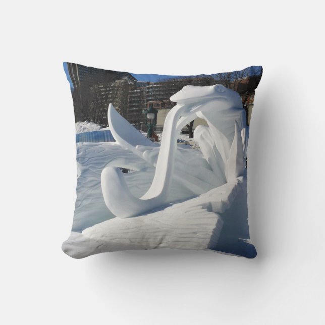 Frog Snow Sculpture, Quebec, Canada Throw Pillow (Front)