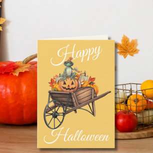 Frog-tastic Pumpkin Wheelbarrow Halloween Holiday Card