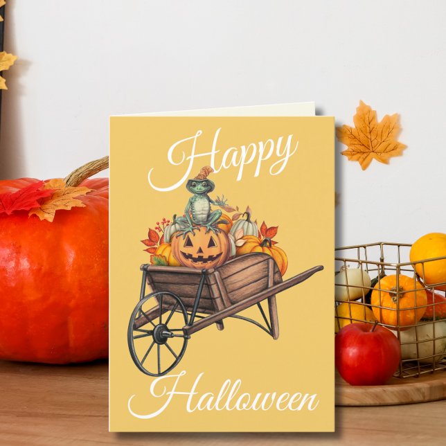 Frog-tastic Pumpkin Wheelbarrow Halloween Holiday Card (Creator Uploaded)