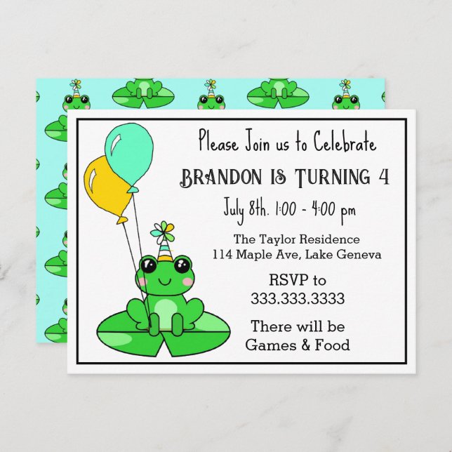 Frog Themed Birthday Invitations (Front/Back)