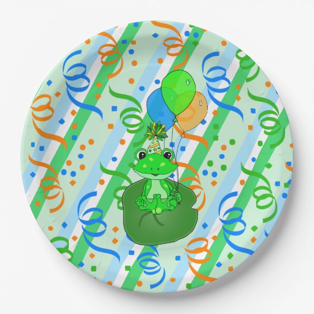 Frog Themed Boy's Birthday Party Paper Plates (Front)