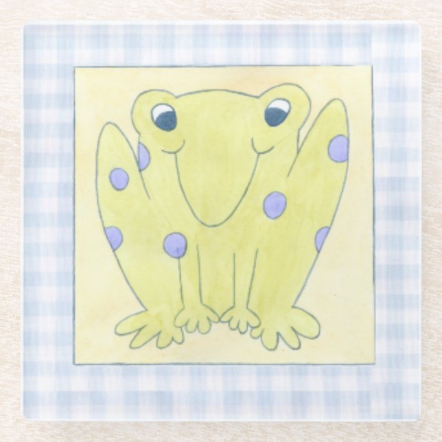 Frog Trio on Gingham Cloth Glass Coaster (Front)