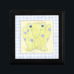 Frog Trio on Gingham Cloth Jewelry Box<br><div class="desc">A happy trio of frogs are the subjects of this gingham cloth work by Megan Meagher. Watch out,  insects,  these frogs are on the hunt. Order your copy of this amazing piece today!</div>