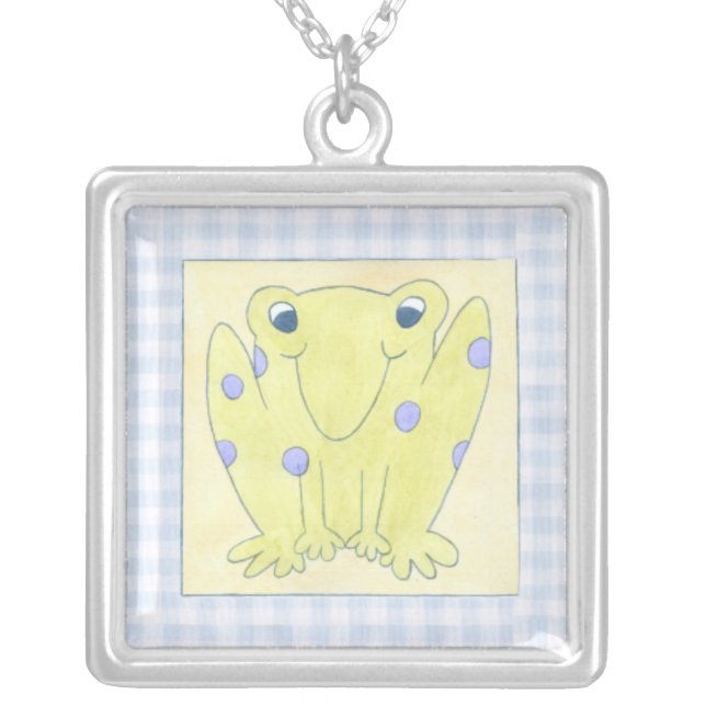 Frog Trio on Gingham Cloth Silver Plated Necklace (Front)