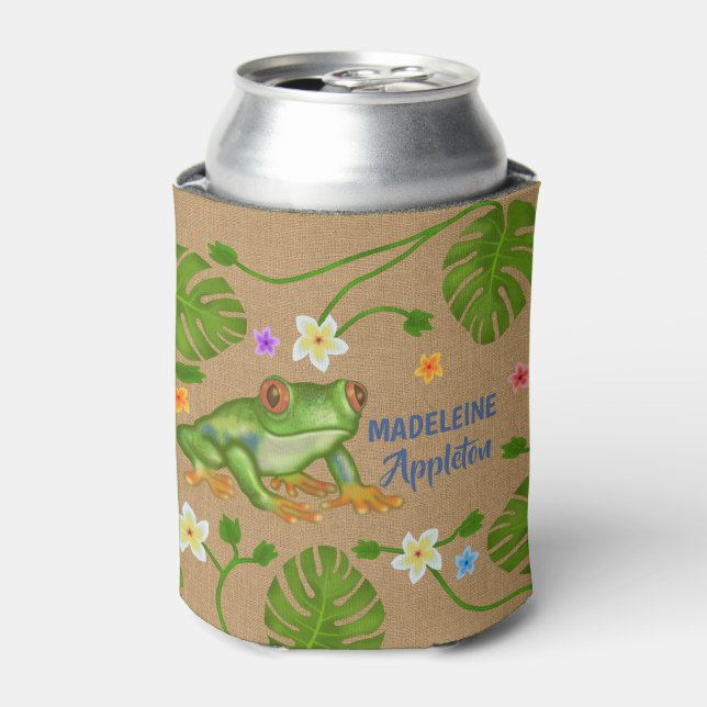 Frog Tropical Leaves Flowers | Personalized Name Can Cooler (Can Front)