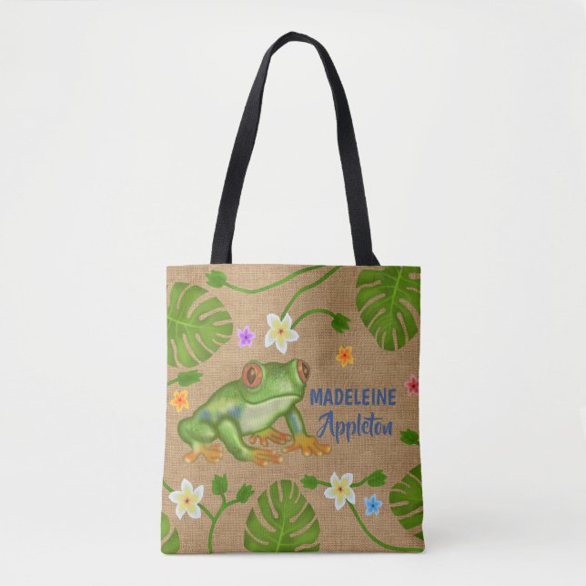 Frog Tropical Leaves Flowers | Personalized Name Tote Bag (Front)