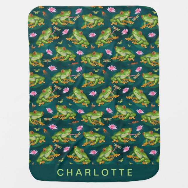 Frog Tropical Lily Pad Dragonfly Fish Pond Pattern Baby Blanket (Front)