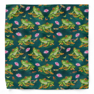 Frog Tropical Lily Pad Dragonfly Fish Pond Pattern Bandana