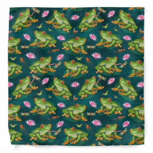 Frog Tropical Lily Pad Dragonfly Fish Pond Pattern Bandana