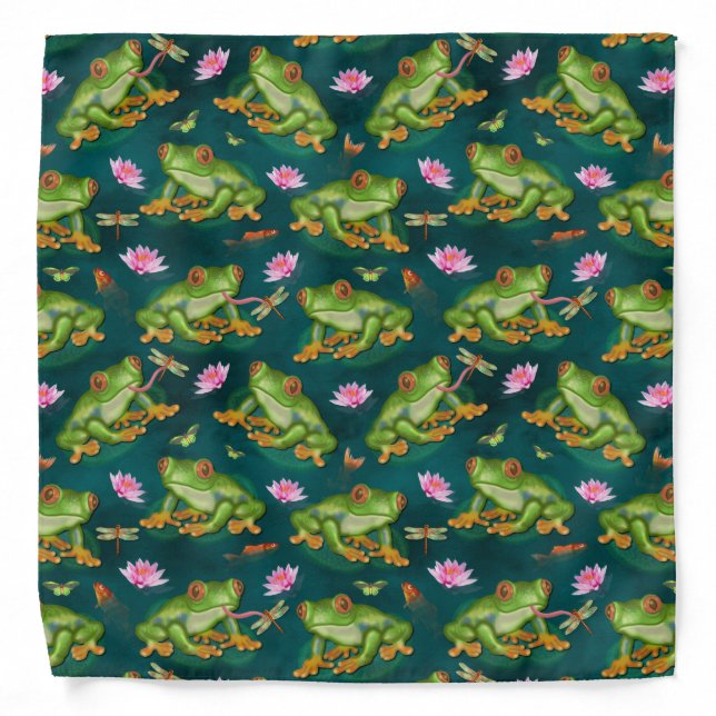Frog Tropical Lily Pad Dragonfly Fish Pond Pattern Bandana (Front)