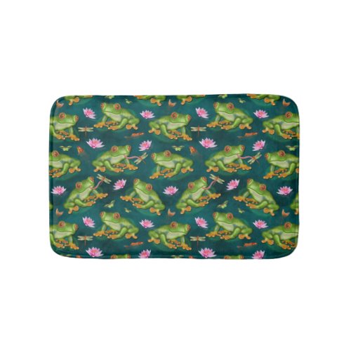 Frog Tropical Lily Pad Dragonfly Fish Pond Pattern Bath Mat