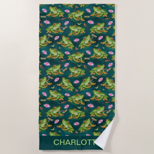 Frog Tropical Lily Pad Dragonfly Fish Pond Pattern Beach Towel