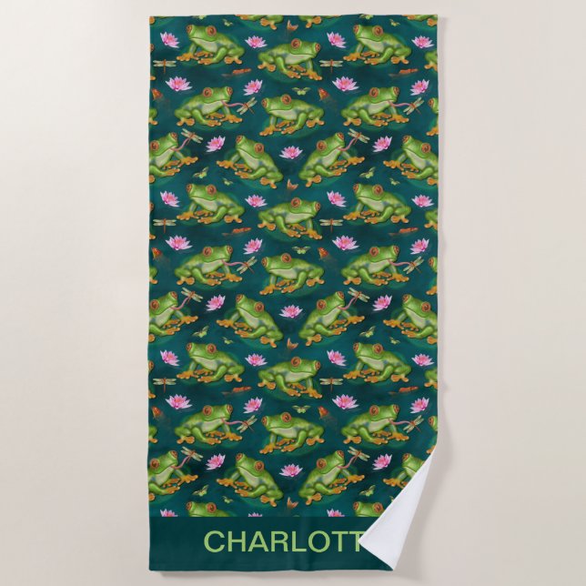 Frog Tropical Lily Pad Dragonfly Fish Pond Pattern Beach Towel (Front)