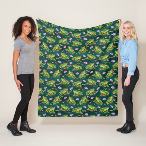 Frog Tropical Lily Pad Dragonfly Fish Pond Pattern Fleece Blanket