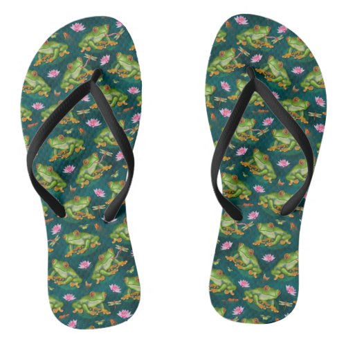 Frog Tropical Lily Pad Dragonfly Fish Pond Pattern Flip Flops