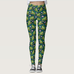 Frog Tropical Lily Pad Dragonfly Fish Pond Pattern Leggings