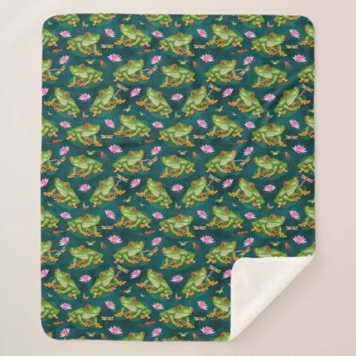 Frog Tropical Lily Pad Dragonfly Fish Pond Pattern Sherpa Blanket