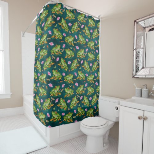 Frog Tropical Lily Pad Dragonfly Fish Pond Pattern Shower Curtain