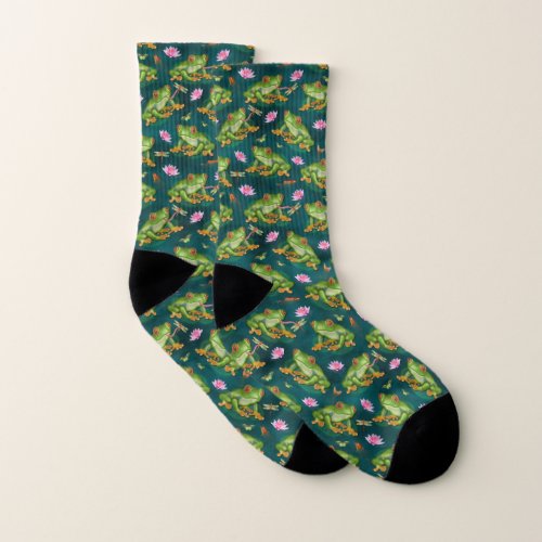 Frog Tropical Lily Pad Dragonfly Fish Pond Pattern Socks