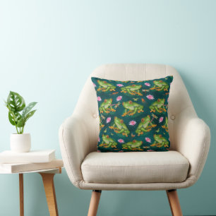Frog Tropical Lily Pad Dragonfly Fish Pond Pattern Throw Pillow
