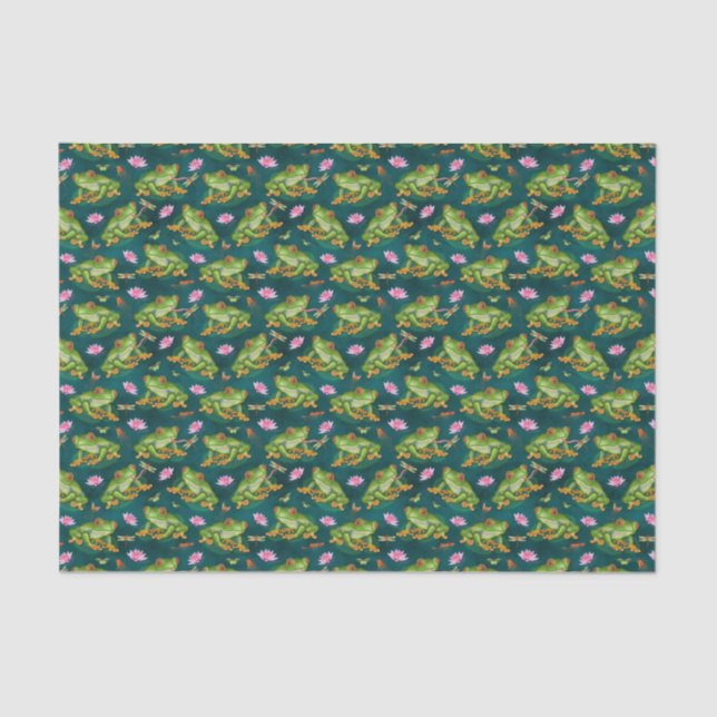 Frog Tropical Lily Pad Dragonfly Fish Pond Pattern Tissue Paper (Front)