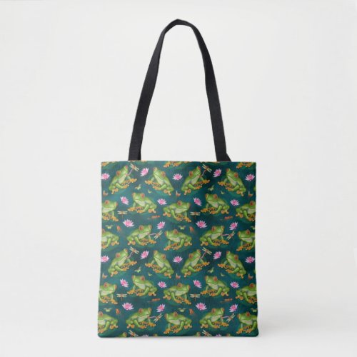 Frog Tropical Lily Pad Dragonfly Fish Pond Pattern Tote Bag