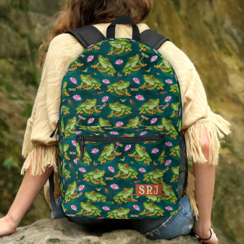 Frog Tropical Lily Pad Pond Pattern Monogrammed Printed Backpack by FancyCelebration at Zazzle