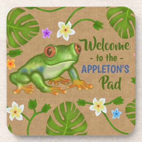 Frog Tropical Welcome to the Pad Personalized Name Beverage Coaster