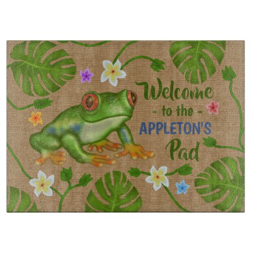 Frog Tropical Welcome to the Pad Personalized Name Cutting Board