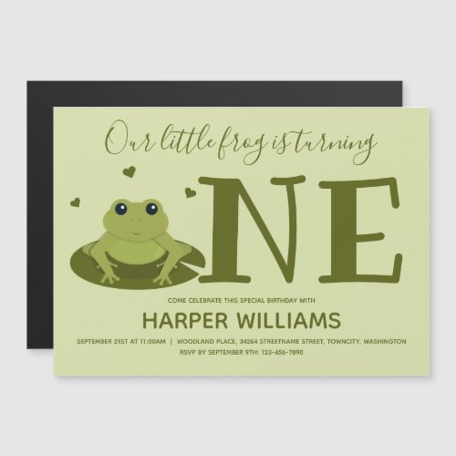 Frog Turning One Green Animal First Birthday Magnetic Invitation