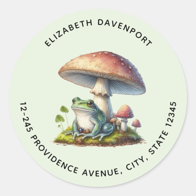 Frog Under a Mushroom Cute Nature Address Classic Round Sticker (Front)