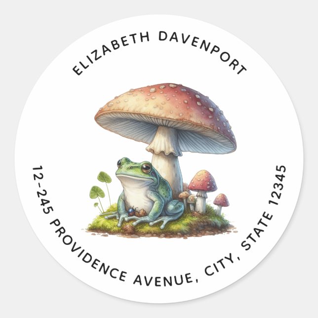 Frog Under a Mushroom Cute Nature Address Classic Round Sticker (Front)