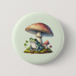 Frog Under a Mushroom Cute Nature Button