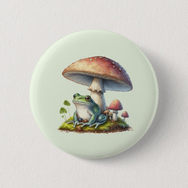 Frog Under a Mushroom Cute Nature Button (Front)