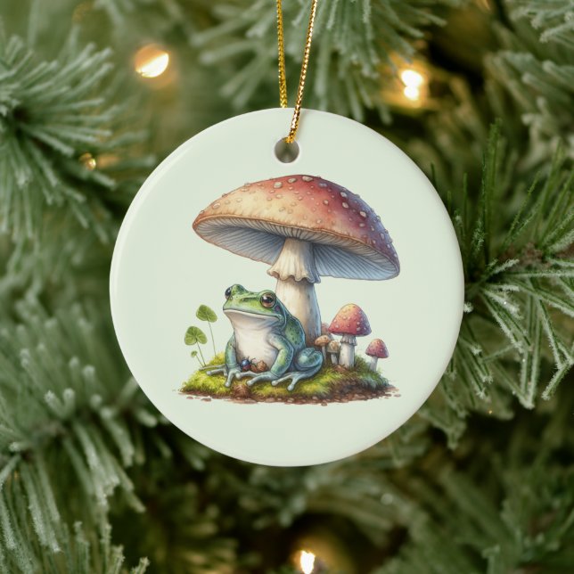 Frog Under a Mushroom Cute Nature Ceramic Ornament (Tree)